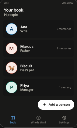 The book screen listing everyone saved, with their relationship and how many memories are attached