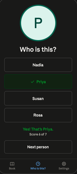 The Who is this game, showing a full-screen photo and four name choices with a correct answer highlighted