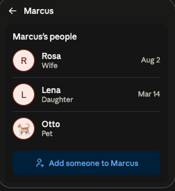 A person's connections screen listing their wife, daughter, and pet with relationships and birthdays