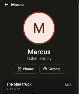 A person's profile screen showing their photo, relationship, circle, and a memories section